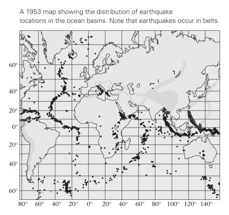 This map depicts earthquakes,which coincide with areas where ___________.   A) volcanoes also regularly occur B) movements of the crust take place C) rocks break and move D) All of the above are correct.