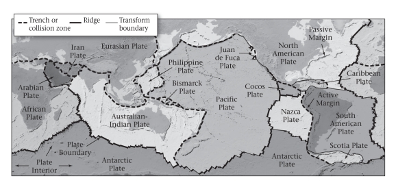 According to the figure below,every plate boundary can be recognized by ____________.   A) the presence of active volcanoes B) the presence of an earthquake belt C) a deep chasm that can be seen from space D) None of the above are correct.