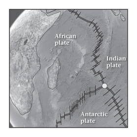 A triple junction,like the one shown below,is a place on Earth's surface where ____________.   A) three volcanoes form a tight,triangular cluster B) glacial ice,continental rocks,and the ocean can be found together C) the boundaries of three lithospheric plates meet at a single point D) the boundaries of three lithospheric plates meet to form an elongate surface