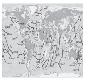 Consult the figure below.Hot-spot tracks result from moving _____________.   A) mantle plumes B) plates C) hot spots D) asthenosphere
