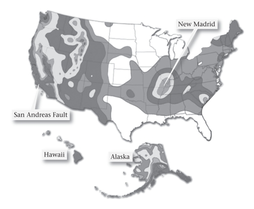 Which of these areas of the United States would you expect to have the highest occurance of seismic activity?   A) Southeast B) West C) Northeast D) Central