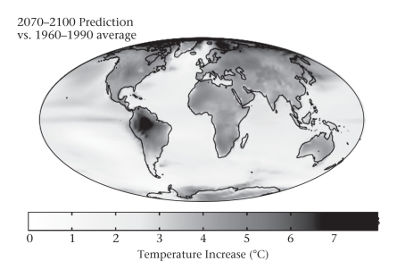 Looking at the predicted changes in temperature predicted for the Earth in the figure below,which hemisphere appears most likely to be warming most quickly or severely?   A) the northern hemisphere B) the southern hemisphere C) The northern and southern hemispheres appear to be warming equally.
