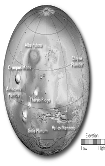 Below is a digital elevation model of Mars.What process is responsible for creating the Valles Marineris?   A)  glacial carving B)  deposition C)  erosion D)  burrowing