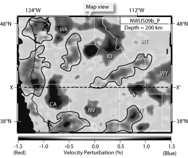The picture below shows a seismic tomography image of the western United States.What is the relative temperature of the blue regions (darker grey regions not outlined in black) versus the red regions (darker grey regions outlined in black) ?   A)  The blue regions are warmer than the red regions. B)  The red regions are colder than the blue regions. C)  The red regions are warmer than the blue regions. D)  The colors are not indicative of temperature, only velocity.