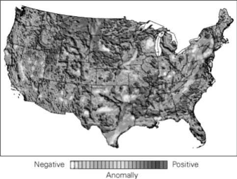 The following picture is that of a gravity map of the United States.What do the dark grey regions mean in terms of the density of the material below?   A)  high-density rock B)  low-density rock C)  rock of high magnetization D)  rock of low magnetization