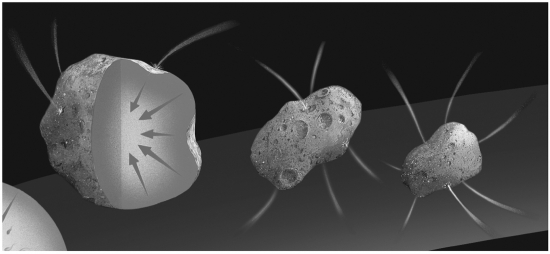 This is an image of ____________,progressing from right to left.   A)  planetesimals forming protoplanets B)  protoplanets forming planetesimals C)  asteroids forming protoplanets D)  asteroids forming planetesimals
