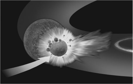 About 4.53 Ga,the Moon formed.Which of the following is NOT correct about that event?   A)  An icy planetesimal collided with the newborn Earth. B)  A large part of Earth's mantle disintegrated. C)  Earth developed a ring, like those found around Saturn and Jupiter. D)  The colliding body disintegrated.