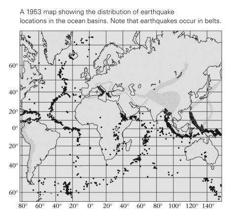 This map depicts earthquakes,which coincide with areas where ___________.   A)  volcanoes also regularly occur B)  movements of the crust take place C)  rocks break and move D)  All of the above are correct.