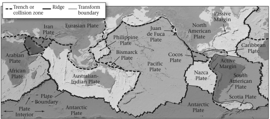 According to the figure below,every plate boundary can be recognized by ____________.   A)  the presence of active volcanoes B)  the presence of an earthquake belt C)  a deep chasm that can be seen from space D)  None of the above are correct.