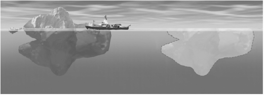 According to Archimedes' principle of buoyancy,an iceberg sinks until _____________.   A)  the total mass of the water displaced equals the total mass of the whole iceberg B)  the total mass of the iceberg is underwater C)  about 60% of the iceberg is underwater D)  the total mass of the water displaced equals 80% of the mass of the iceberg