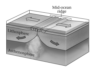 At a divergent plate boundary (shown below) ,two opposed plates ____________.   A)  move toward one another B)  move away from one another C)  slide past one another