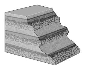 Consult the figure below.Graded beds tell a geologist that a _____________.   A)  turbidity current deposited these beds, depositing finer material first B)  turbidity current deposited these beds, depositing coarser material first C)  slurry deposited these beds with little sorting D)  density current deposited these beds, depositing coarser material first