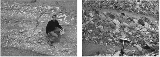 Consult the figure below.Breccia and conglomerate most likely formed from deposits in a ______________.   A)  desert B)  lake C)  mountain stream