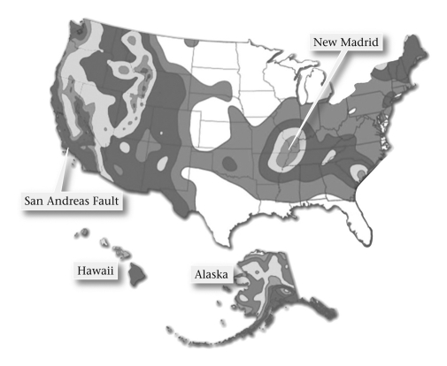 Which of these areas of the United States would you expect to have the highest occurrence of seismic activity?   A)  Southeast B)  West C)  Northeast D)  Central