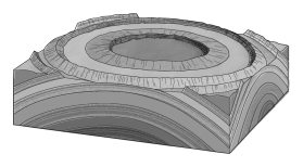 On a geologic map,if the contacts between sedimentary rock units form a bull's-eye pattern of concentric circles,with the oldest unit in the center,the underlying structure is a(n) ____________.   A)  anticline B)  basin C)  dome D)  syncline