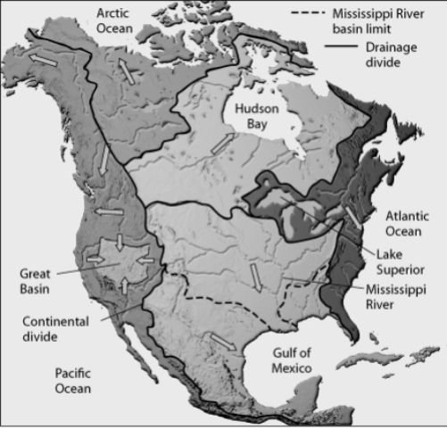 If the tributaries of the Mississippi River were to erode northeastward and reach Lake Michigan (which happened in the past) ,what would be the effect on the size of the Atlantic Ocean drainage basin shown in the figure below?   A)  It would not change. B)  It would become smaller. C)  It would become larger. D)  It is not possible to determine from the information given.