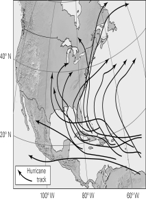 <strong>Why do you think most of the hurricane storm tracks on the figure below curve to the right?  </strong> A) The advance portions of the huge hurricane air mass begins to encounter either the Rocky Mountains (and is deflected north) or the Appalachians (and is deflected northeastward). B) Hurricanes are routed to the ocean currents/flow of the underlying North Atlantic Gyre. C) The Coriolis effect deflects them to the right because this is in the northern hemisphere. D) They don't really curve right; it looks that way only because of map distortion. <div style=padding-top: 35px> 