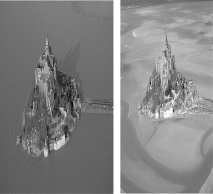 Mt.Saint-Michel is separated from mainland Europe by approximately 1000 ft of relatively shallow water at high tide (as shown at left) ,but at low tide it is part of the wide,exposed intertidal zone (as shown at right) .What might you infer about the size the sediment clasts found on the exposed surface at low tide?   A)  The clasts are large because waves would remove small clasts. B)  The clasts are small because the wide, gently-sloped bottom would diminish wave strength, thus decreasing the waves' erosive power. C)  The clasts are large because the rough seas of the area routinely move large cobbles across the shallow bottom. D)  The clasts are salt particles that precipitate and grow when the tide is out and quickly dissolve when the tide comes in.