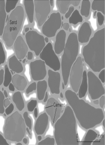Why will the sandstone shown in the figure below probably not be permeable?   A)  There isn't enough pore space. B)  The pore spaces are too small for water to flow through. C)  The pore spaces are not connected enough D)  Both a and b are correct.