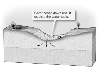 If the cross-section shown here were typical of the main channel of a long river,would you expect the river to dry up as you followed it downstream?   A)  Yes, because the water is contaminated. B)  Not if there were additional tributaries entering it downstream. C)  Yes, because it is in a desert. D)  No.