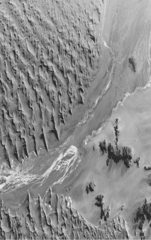 In this high-altitude photo of a desert,what are the dark grey features in the bottom right of the photo? Hint: The area that looks like water flowing from top right to bottom left of the photo is not water.   A)  volcanoes B)  chimneys C)  inselbergs D)  cuestas