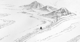 In the glacier shown below,the diagonally oriented feature at location A is a(n) ___________.   A)  esker B)  medial moraine C)  crevasse D)  cirque