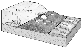 The figure below shows the toe of a glacier.What is the gray feature that is between the two heavy black lines?   A)  the zone of accumulation B)  an esker C)  a moraine D)  an arete