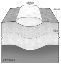 What will happen to the land surface and lithosphere when the ice sheet melts?   A)  It will rise. B)  It will experience volcanism. C)  It will become a rift zone and possibly a divergent boundary. D)  It will subside.