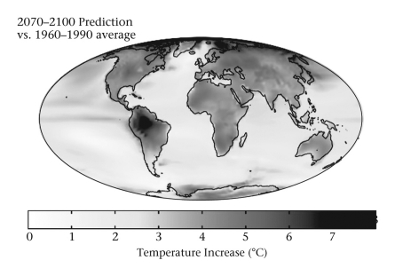 Looking at the modeled changes in temperature for the Earth in the figure below,which hemisphere is predicted to warm the most quickly or severely?   A)  the northern hemisphere B)  the southern hemisphere C)  the western hemisphere D)  the eastern hemisphere E)  The northern and southern hemispheres appear to be warming equally.