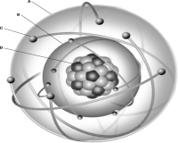 Using the image below of an atom,where are the protons located?   A) A B) B C) C D) D