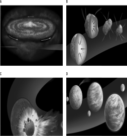 Which of the following images shows the formation of the Moon?   A) A B) B C) C D) D