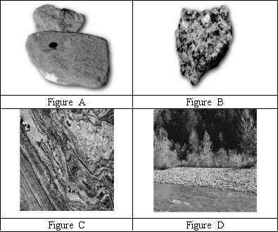 Which one of the pictures does NOT show (a) rock(s) ?   A) Figure A B) Figure B C) Figure C D) Figure D