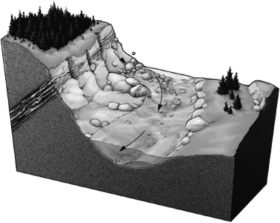 Consult the figure below.In what kind of terrain would you expect to find a placer deposit?   A) a dry lake bed B) a mountain peak C) the ocean floor D) a streambed