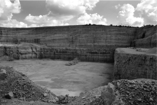 The image below is of a limestone quarry in Illinois.On the wall at the very back of the quarry you can see layers that appear to curve upward.What do these layers represent?   A) lines made by the miners as they remove material B) cross-bedding produced at eolian sand dunes C) layers of deep marine,sedimentary basin deposits D) layers of shallow marine,continental shelf deposits