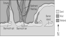In the figure below,which direction is the longshore drift?   A) south B) east C) west D) It is not possible to tell.