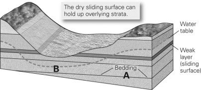 Consult the figure below.Where is the hydraulic head the highest and why?   A) A,because there is more rock above it. B) A,because there is more water above it. C) B,because there is less rock above it. D) B,because there is less water above it.