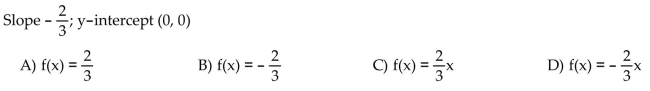 Use function notation to write the equation of the line with the given slope and y-intercept.