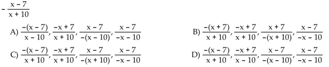 List four equivalent forms for the rational expression.
