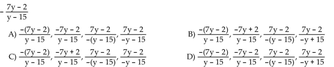 List four equivalent forms for the rational expression.