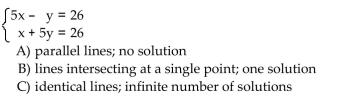 Without graphing, decide: (a) Are the graphs of the equations are identical lines, parallel lines, or lines intersecting at a single point? (b) How many solutions does the system have?