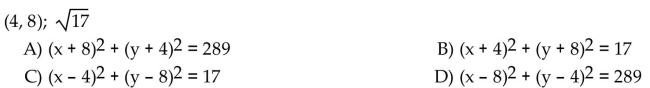 Write an equation of the circle with the given center and radius.