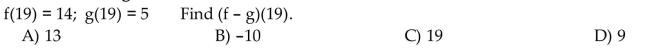 Given the values of f and g, find the function value.