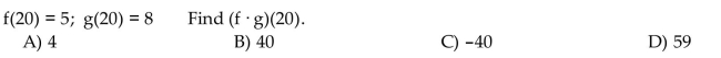 Given the values of f and g, find the function value.