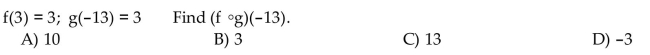 Given the values of f and g, find the function value.