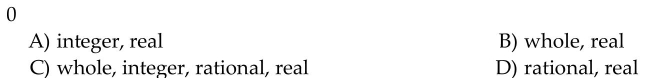 Tell which set or sets the number belongs to: natural numbers, whole numbers, integers, rational numbers, irrational numbers, and real numbers.