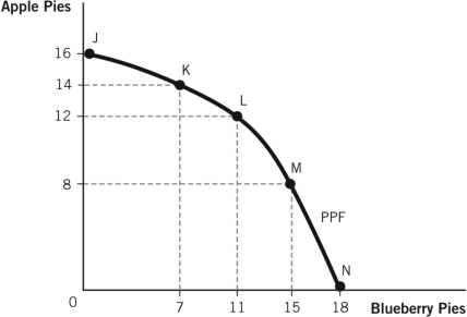 Refer to the following figure for the questions that follow.    -The opportunity cost of increasing the production of apple pies from 12 to 14 pies is: A)  2 blueberry pies. B)  14 apple pies. C)  7 blueberry pies. D)  4 blueberry pies. E)  2 apple pies.