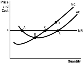 Refer to the accompanying figure.Point ________ corresponds to the profit-maximizing quantity that a firm in a competitive industry would produce.   A)  A B)  B C)  C D)  D E)  E