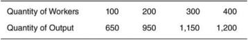 Use the accompanying table, which depicts the worker productivity of King Kupcake, to answer the questions that follow.    -When King Kupcake hires its 300th worker,what is that worker's marginal product of labor? A)  300 cupcakes B)  200 cupcakes C)  100 cupcakes D)  2 cupcakes E)  3 cupcakes