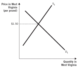 <strong>The following two graphs depict the equilibrium price of a pound of grapes in California and West Virginia, respectively. Assume the type and quality of the grapes being sold in the two states are identical. Further, assume grape sellers incur zero costs to transport grapes between the two states and there are no other barriers to trade. Use these graphs to answer the next questions: Which of the following pairs of prices is consistent with the law of one price?</strong> A) California price: $0.50; West Virginia price: $0.80 B) California price: $0.80; West Virginia price: $0.80 C) California price: $1.20; West Virginia price: $1.20 D) California price: $1.35; West Virginia price: $1.35 E) California price: $1.50; West Virginia price: $1.50