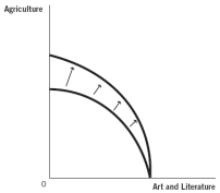 Use these production possibilities frontier (PPF)  curves, which compare the ancient production of agricultural products to art and literature, to answer the next questions. a. Graph A   b. Graph B   c. Graph C   d. Graph D   e. Graph E   -Suppose the printing press is invented. Which graph best depicts how this would affect the PPF? A)  Graph A B)  Graph B C)  Graph C D)  Graph D E)  Graph E